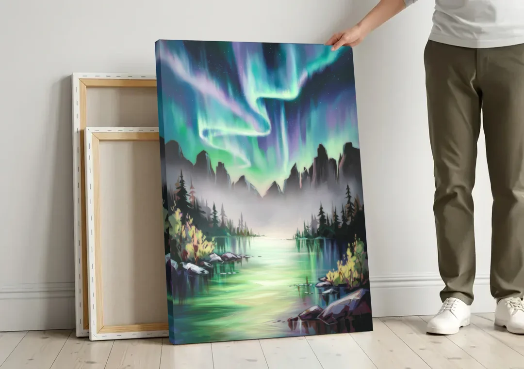 Aurora Borealis Landscape canvas wall art leaning against a wall next to blank canvases