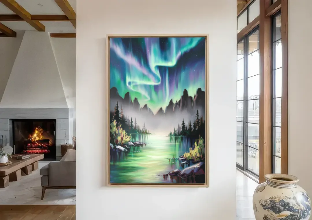 Aurora Borealis Landscape canvas wall art in a living room with a fireplace
