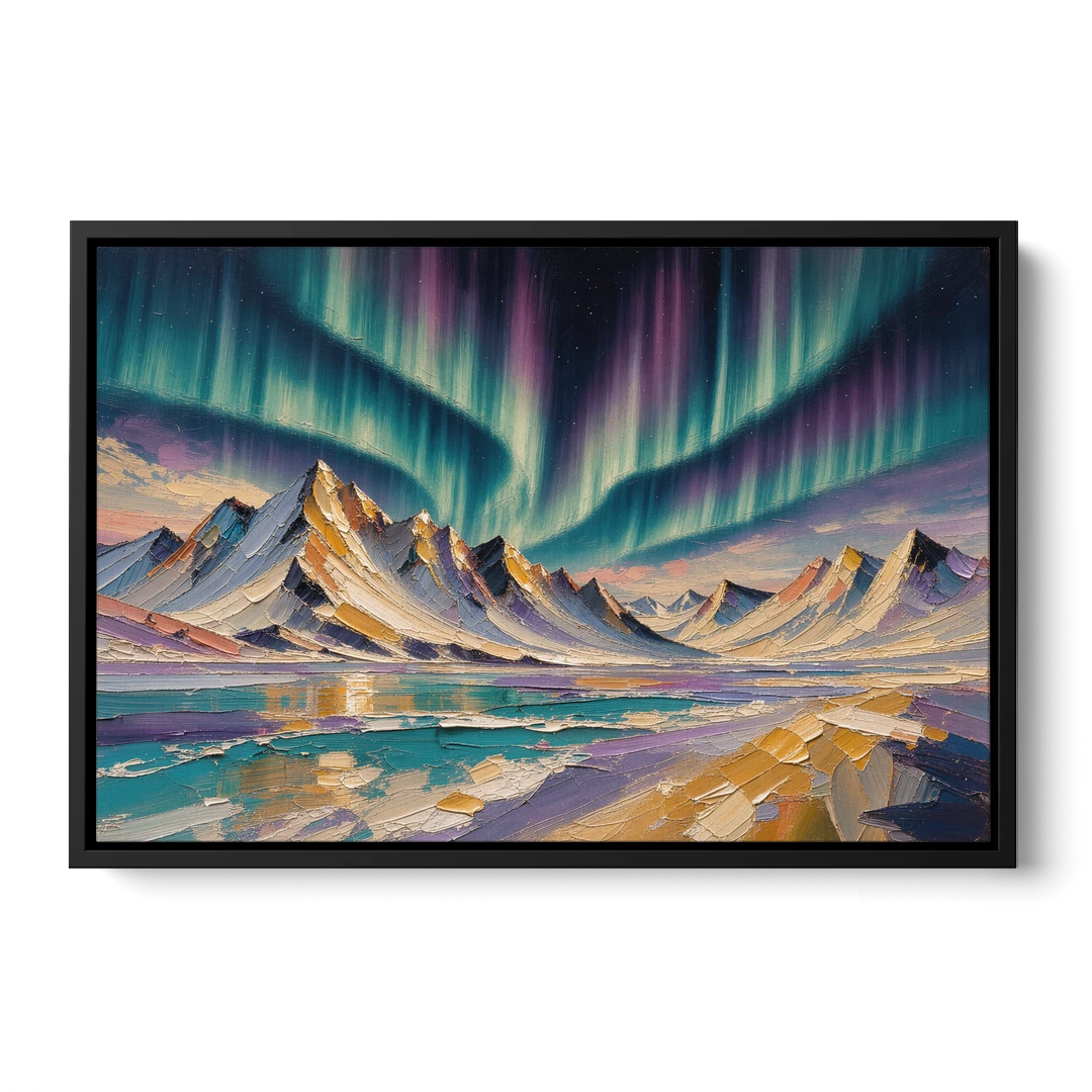 Aurora Borealis Painting Over Jagged Peaks - Black Framed Canvas Wall Art - Front