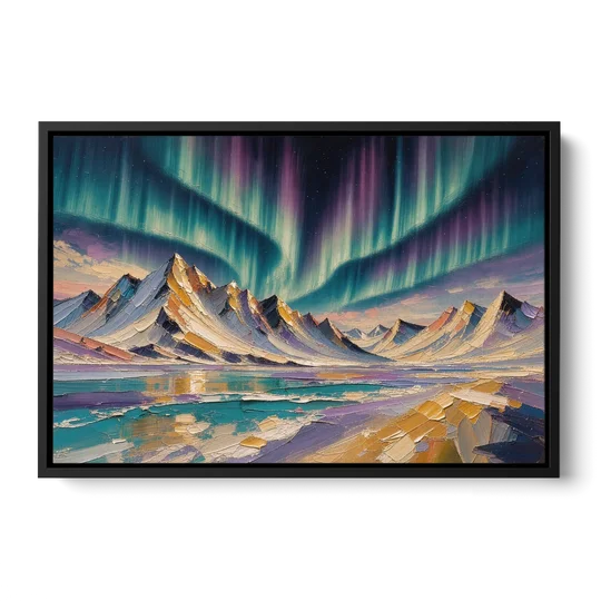 Aurora Borealis Painting Over Jagged Peaks - Black Framed Canvas Wall Art - Front