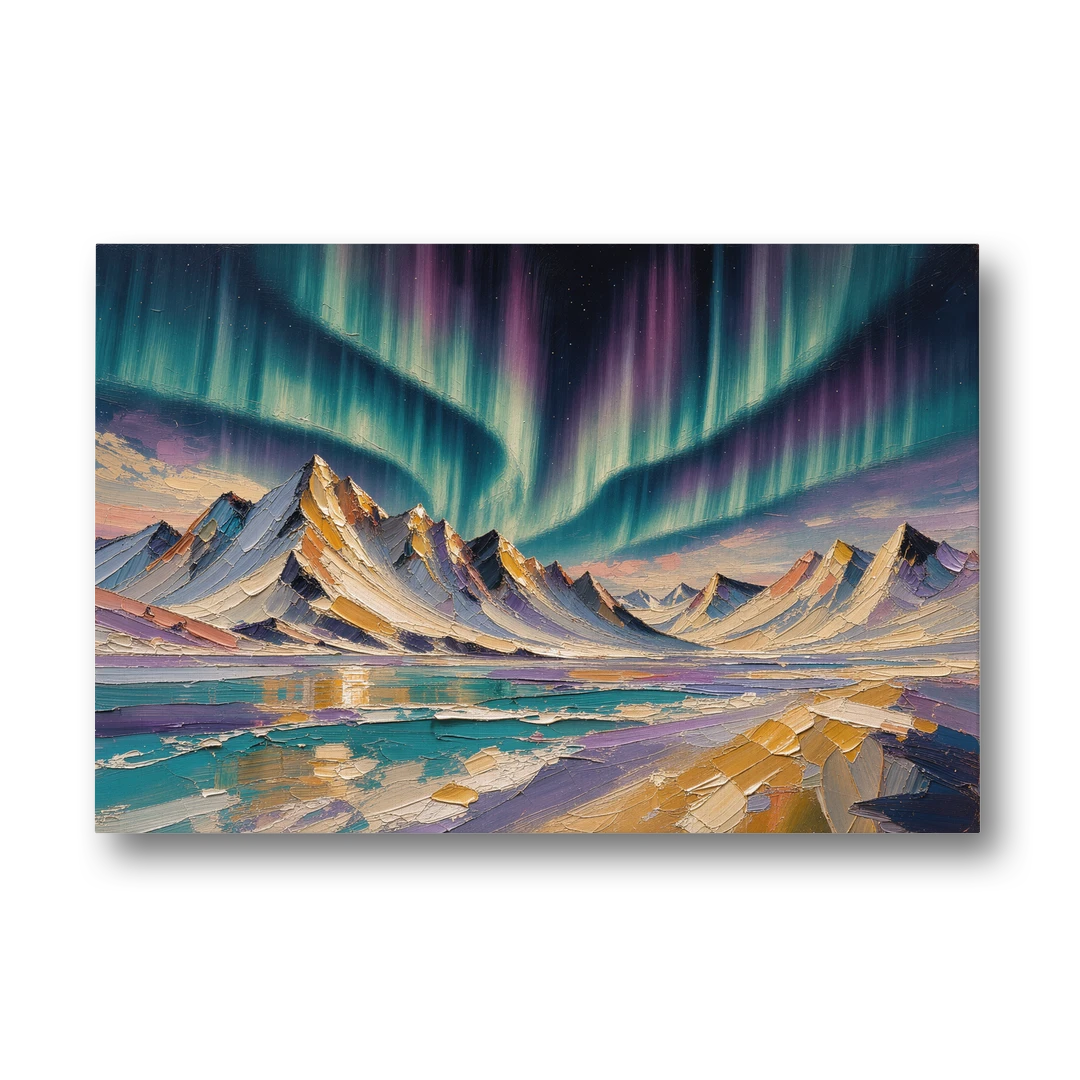 Aurora Borealis Painting Over Jagged Peaks - Canvas Wall Art - Front