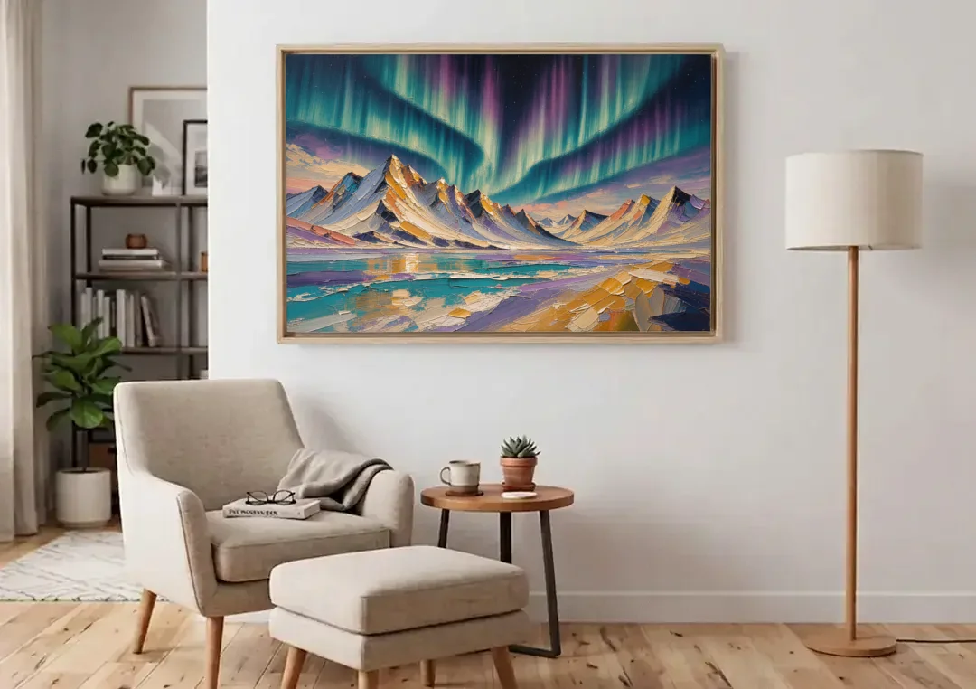 Aurora Borealis Painting Over Jagged Peaks canvas wall art above an armchair in a bright living room