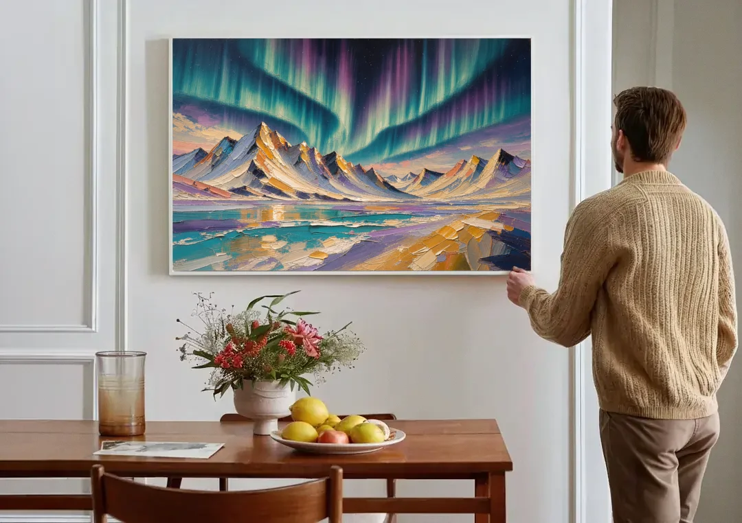 Aurora Borealis Painting Over Jagged Peaks canvas wall art above a dining table