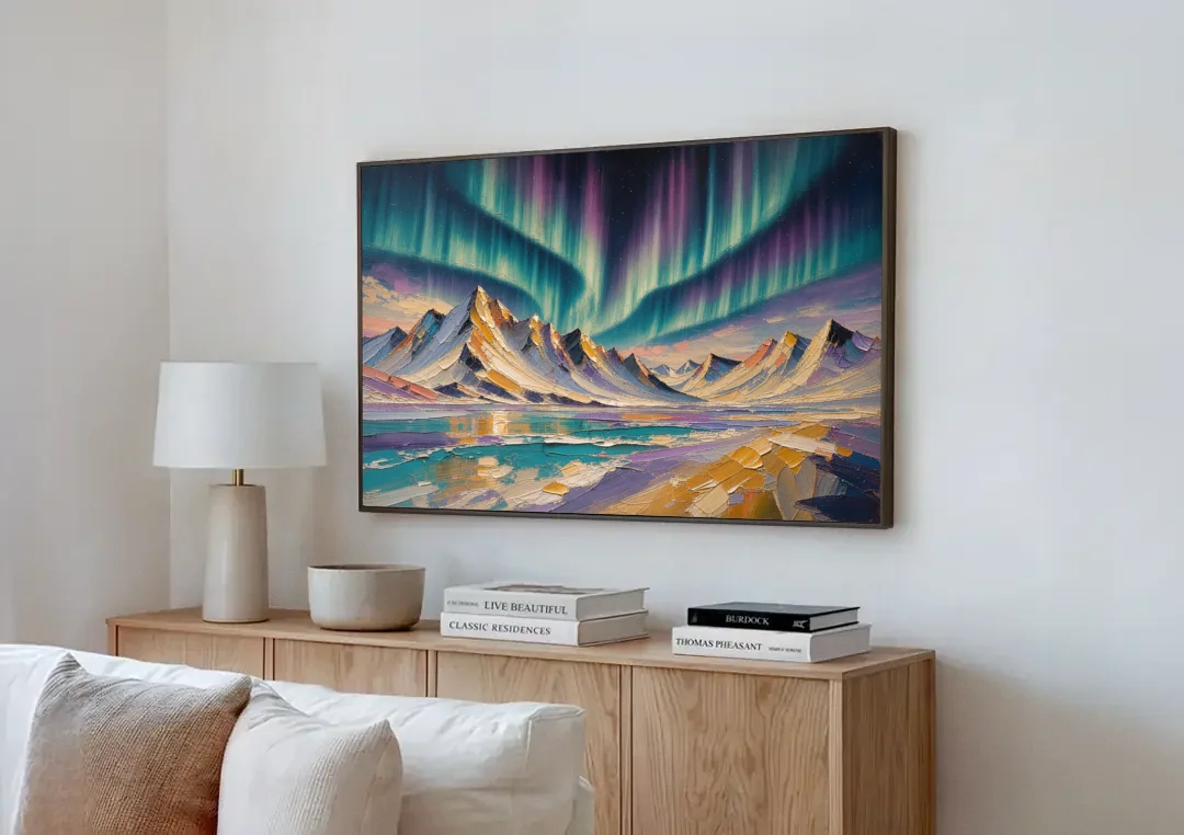 Aurora Borealis Painting Over Jagged Peaks canvas wall art above a wooden sideboard next to a sofa