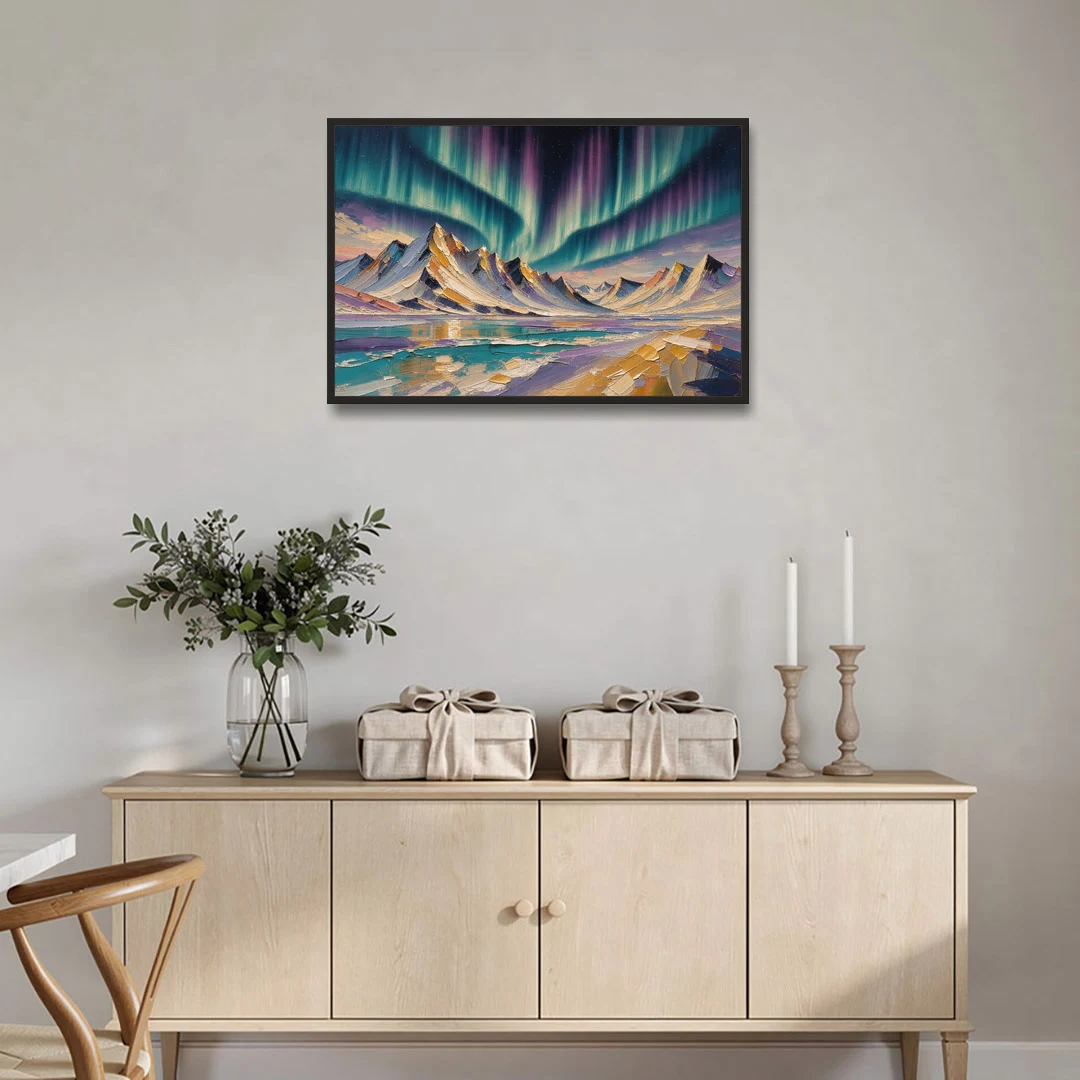 Aurora Borealis Painting Over Jagged Peaks - Black Framed Canvas Wall Art - Coffee Table - 36x24