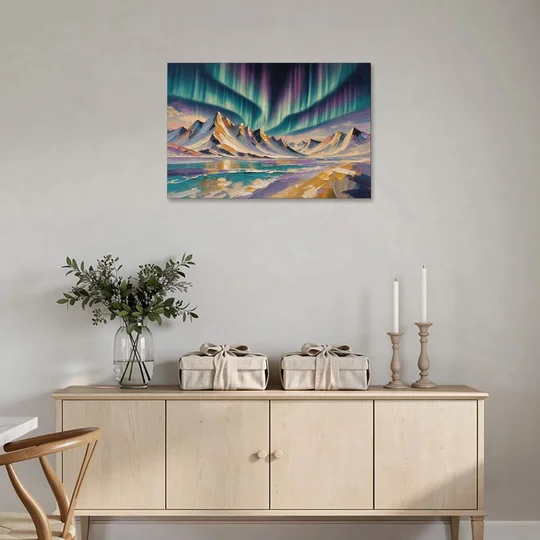 Aurora Borealis Painting Over Jagged Peaks - Canvas Wall Art - Coffee Table - 36x24