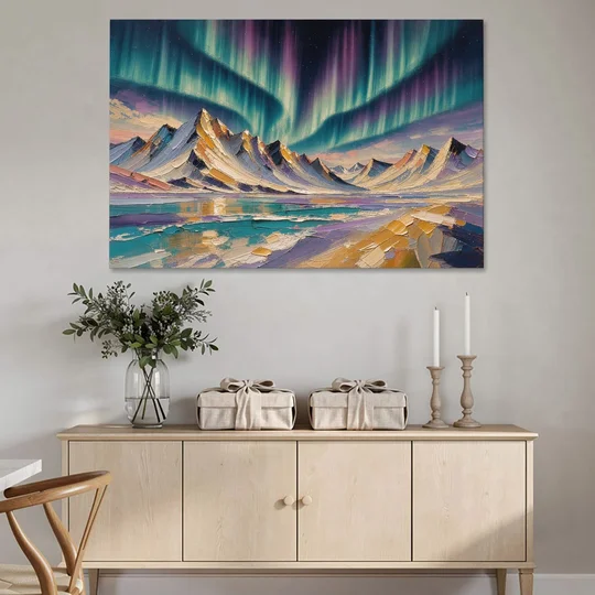 Aurora Borealis Painting Over Jagged Peaks - Canvas Wall Art - Coffee Table - 60x40