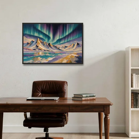 Aurora Borealis Painting Over Jagged Peaks - Black Framed Canvas Wall Art - Office - 36x24