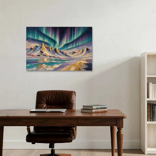 Aurora Borealis Painting Over Jagged Peaks - Canvas Wall Art - Office - 36x24