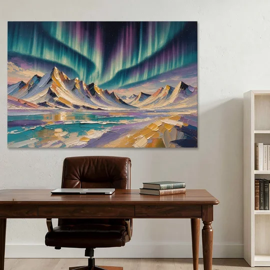 Aurora Borealis Painting Over Jagged Peaks - Canvas Wall Art - Office - 60x40