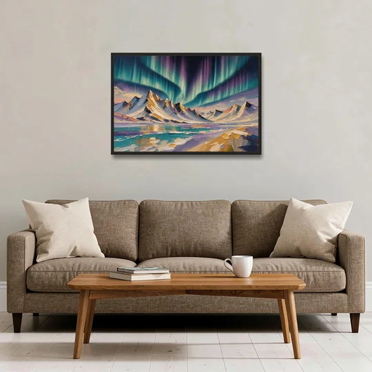 Aurora Borealis Painting Over Jagged Peaks - Black Framed Canvas Wall Art - Sofa - 36x24