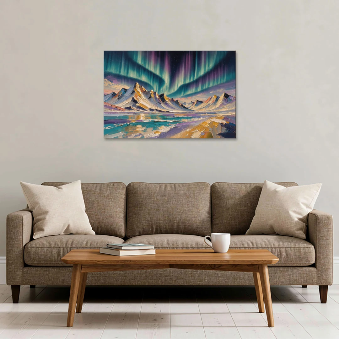 Aurora Borealis Painting Over Jagged Peaks - Canvas Wall Art - Sofa - 36x24