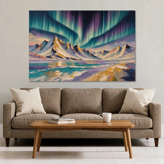 Aurora Borealis Painting Over Jagged Peaks - Canvas Wall Art - Sofa - 60x40