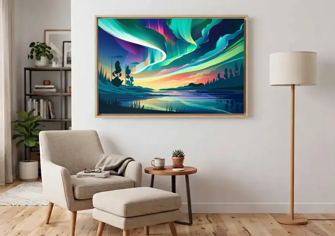 Aurora Borealis Sky canvas wall art above an armchair in a bright living room