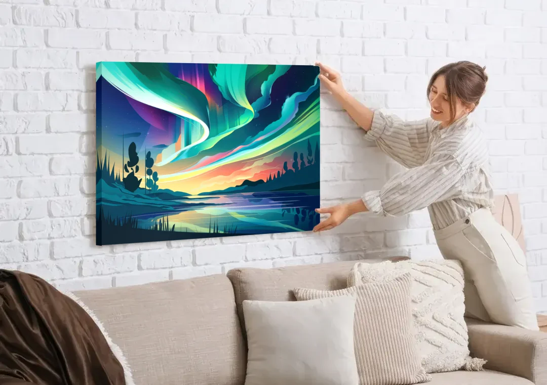Aurora Borealis Sky canvas wall art being hung on a white brick wall above a sofa