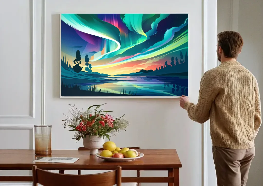 Aurora Borealis Sky canvas wall art above a dining table
