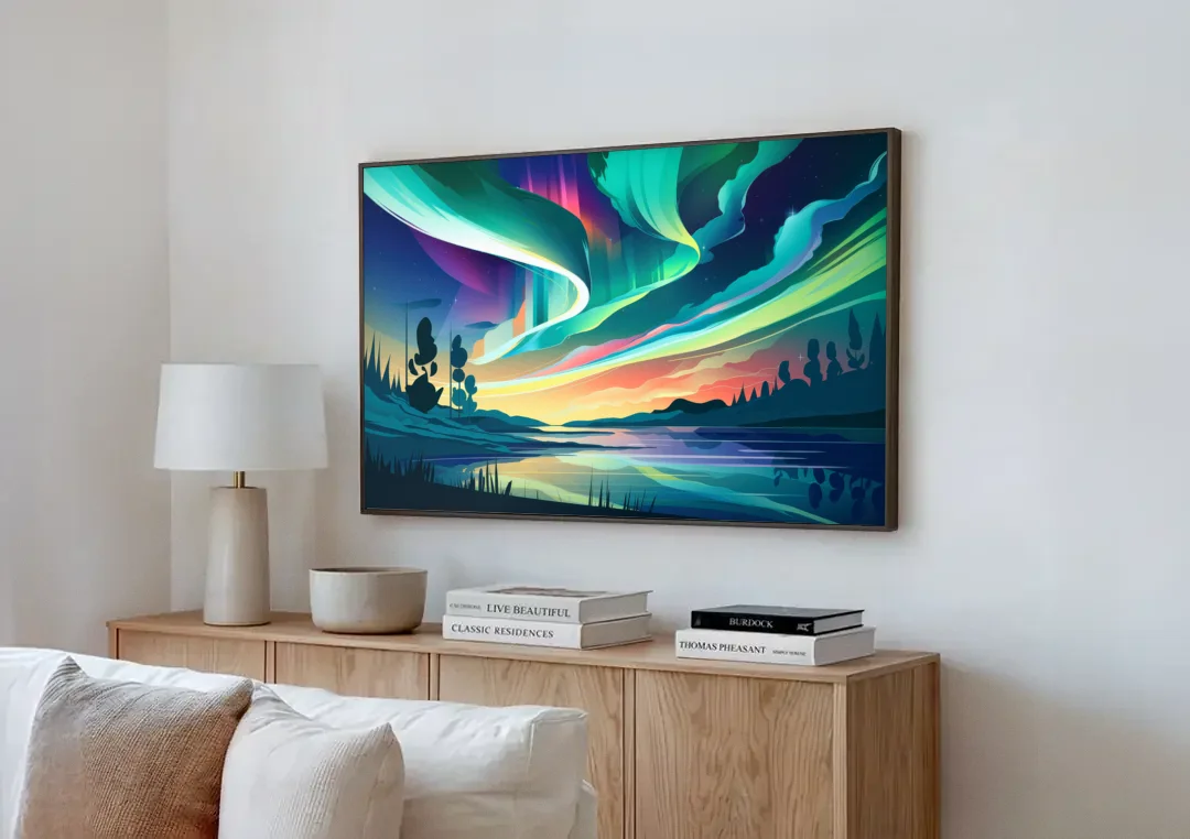 Aurora Borealis Sky canvas wall art above a wooden sideboard next to a sofa