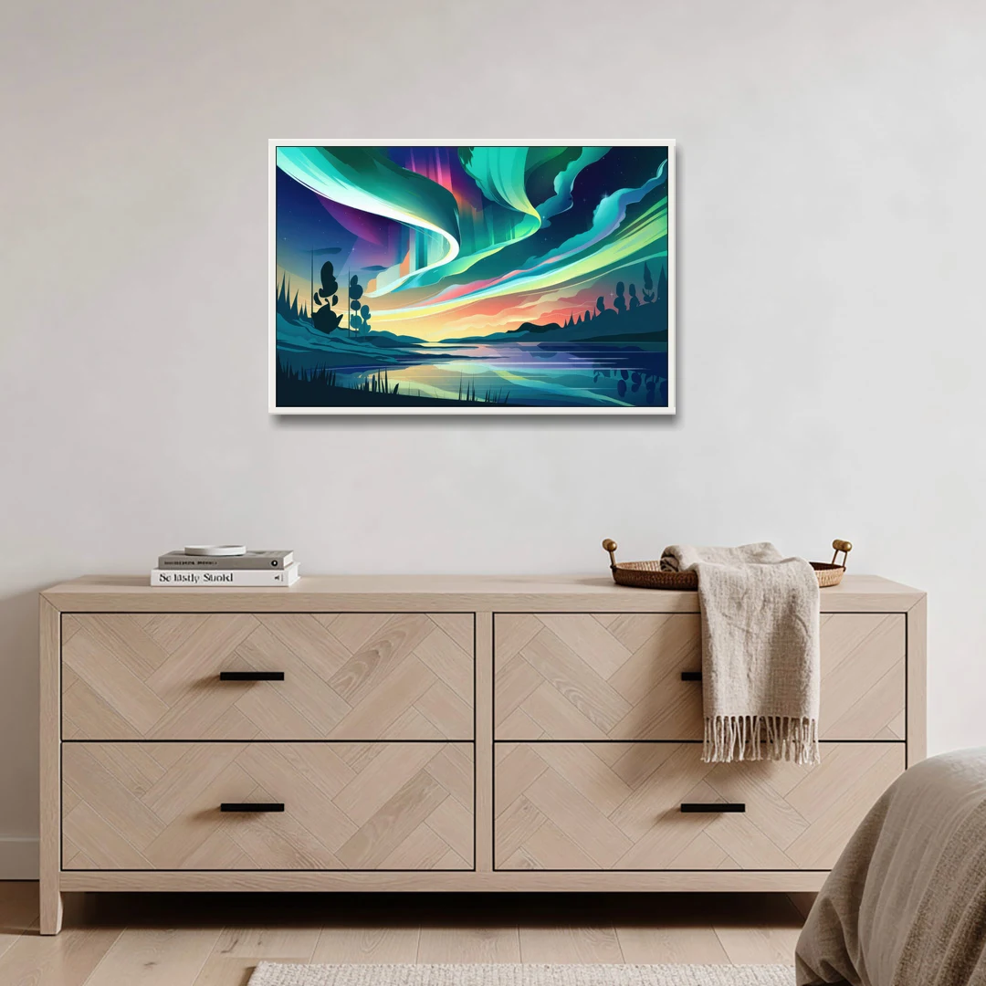 Aurora Borealis Sky - White Framed Canvas Wall Art - Coffee Table - 36x24