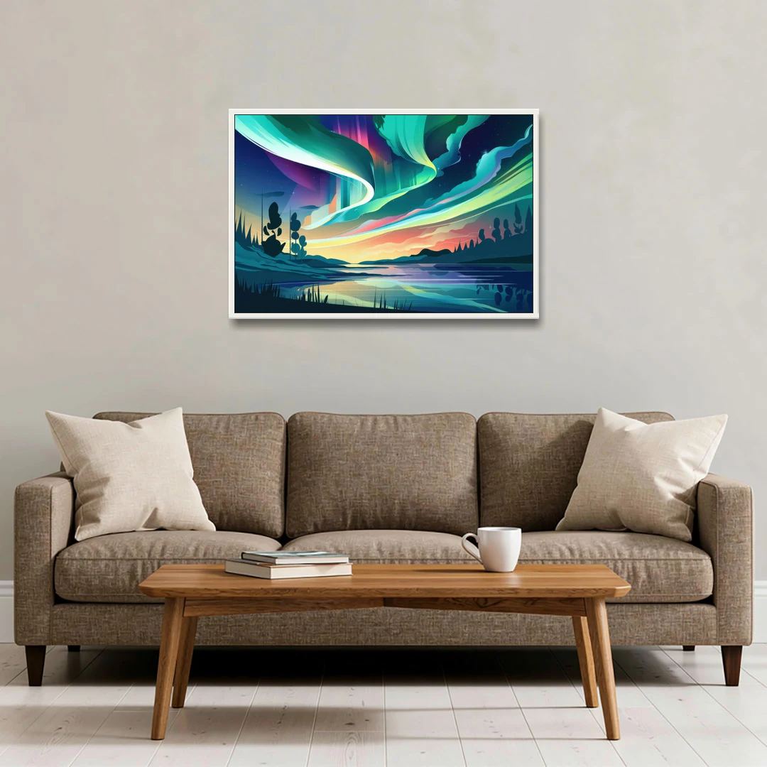 Aurora Borealis Sky - White Framed Canvas Wall Art - Sofa - 36x24