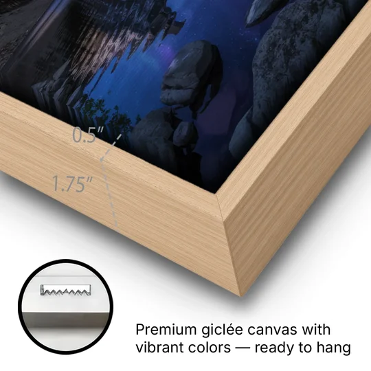 Aurora Mountain Reflection - Oak Framed Canvas Wall Art - Gallery Wrap Corner