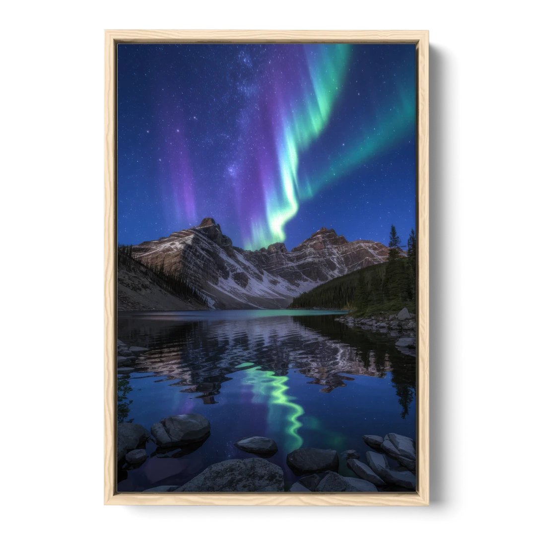Aurora Mountain Reflection - Oak Framed Canvas Wall Art - Front