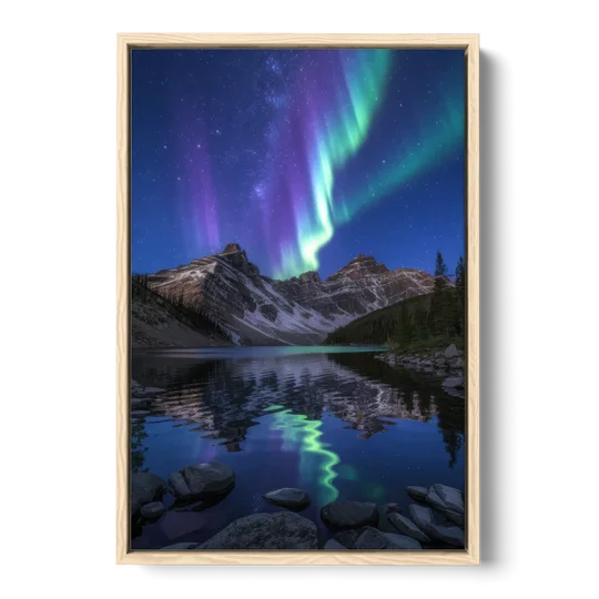 Aurora Mountain Reflection - Oak Framed Canvas Wall Art - Front