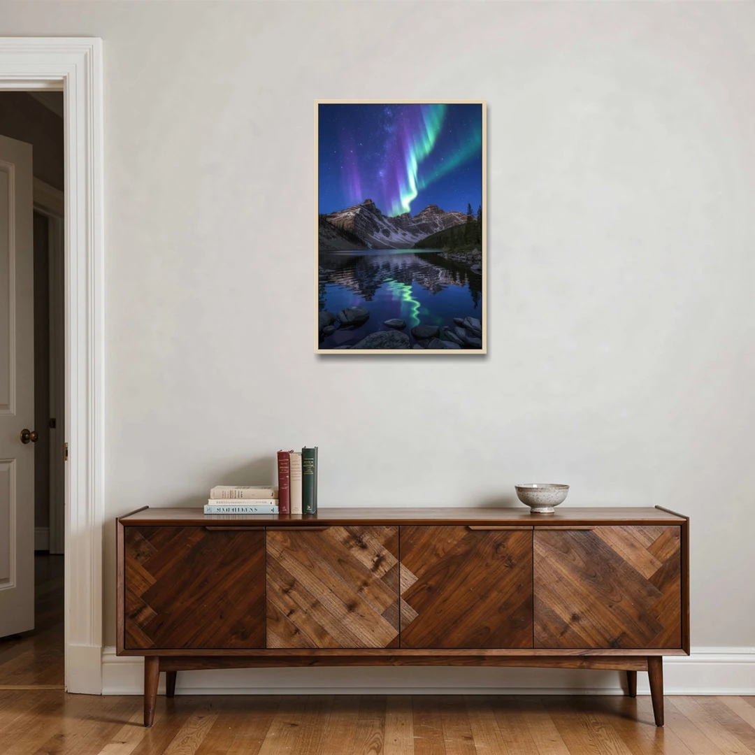 Aurora Mountain Reflection - Oak Framed Canvas Wall Art - Coffee Table - 24x36