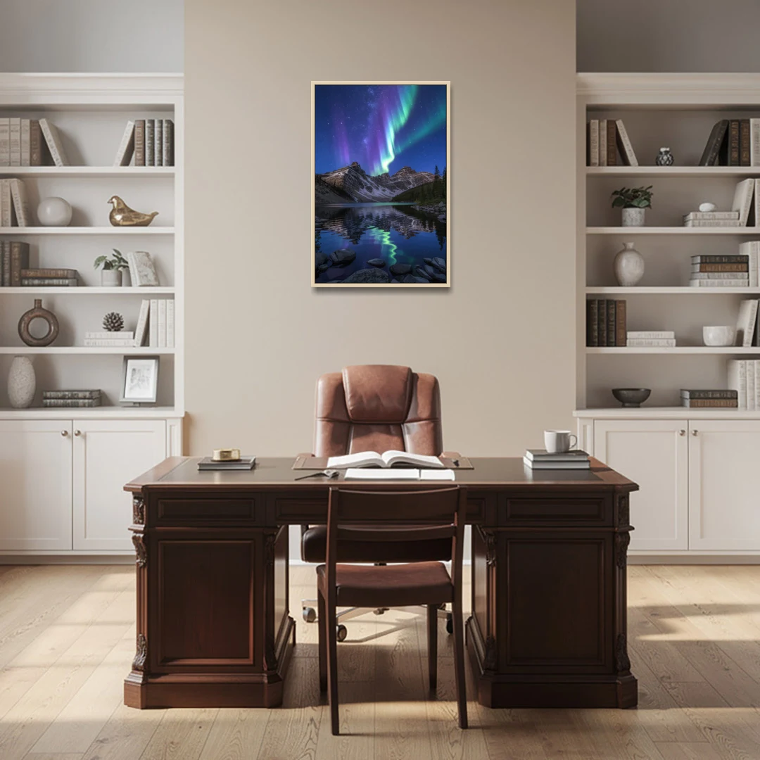 Aurora Mountain Reflection - Oak Framed Canvas Wall Art - Office - 24x36