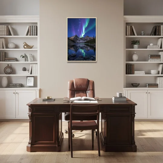 Aurora Mountain Reflection - Oak Framed Canvas Wall Art - Office - 24x36