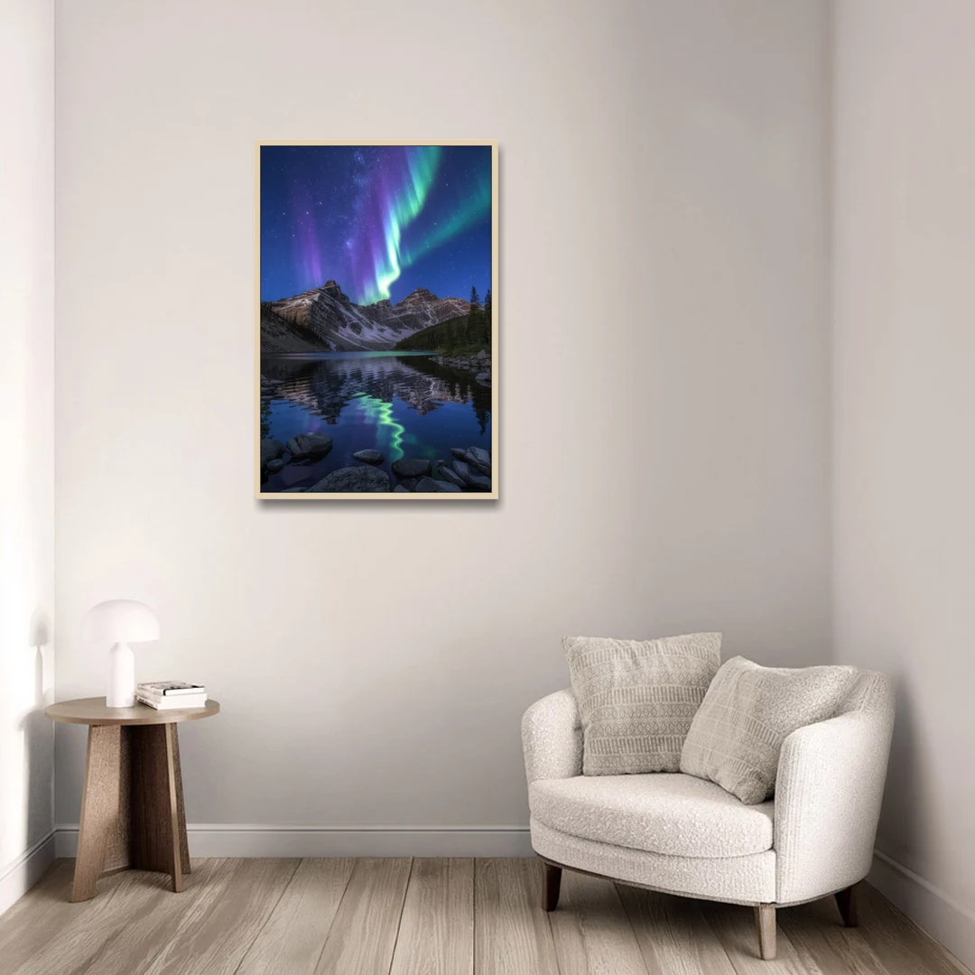Aurora Mountain Reflection - Oak Framed Canvas Wall Art - Sofa - 24x36
