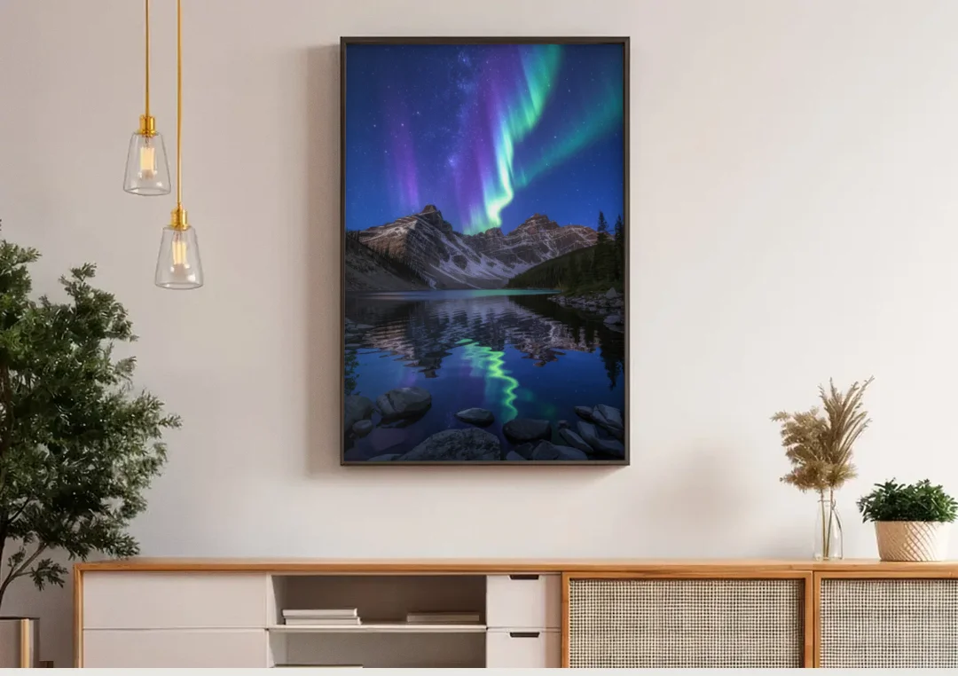 Aurora Mountain Reflection canvas wall art above a wooden sideboard under pendant lights