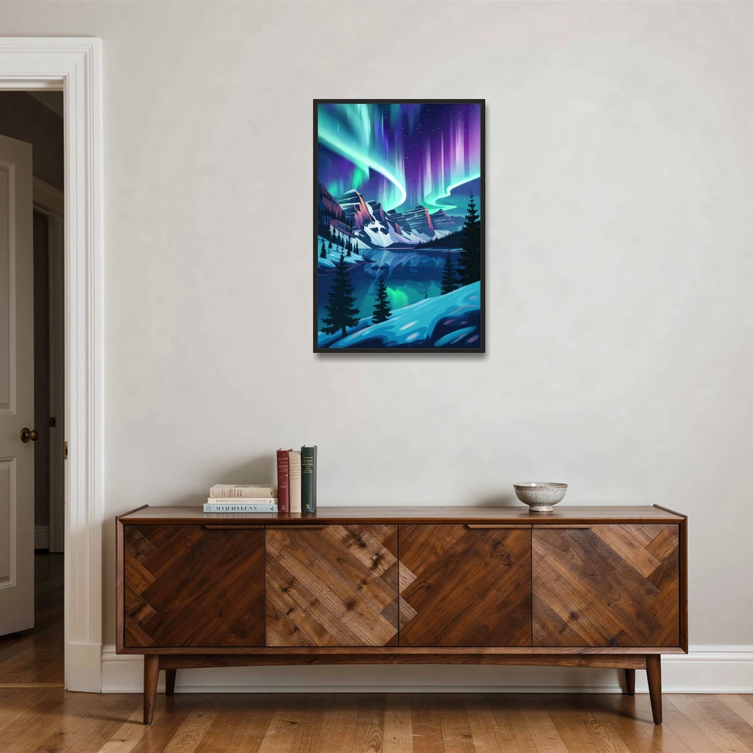Aurora Night Horizon - Black Framed Canvas Wall Art - Coffee Table - 24x36