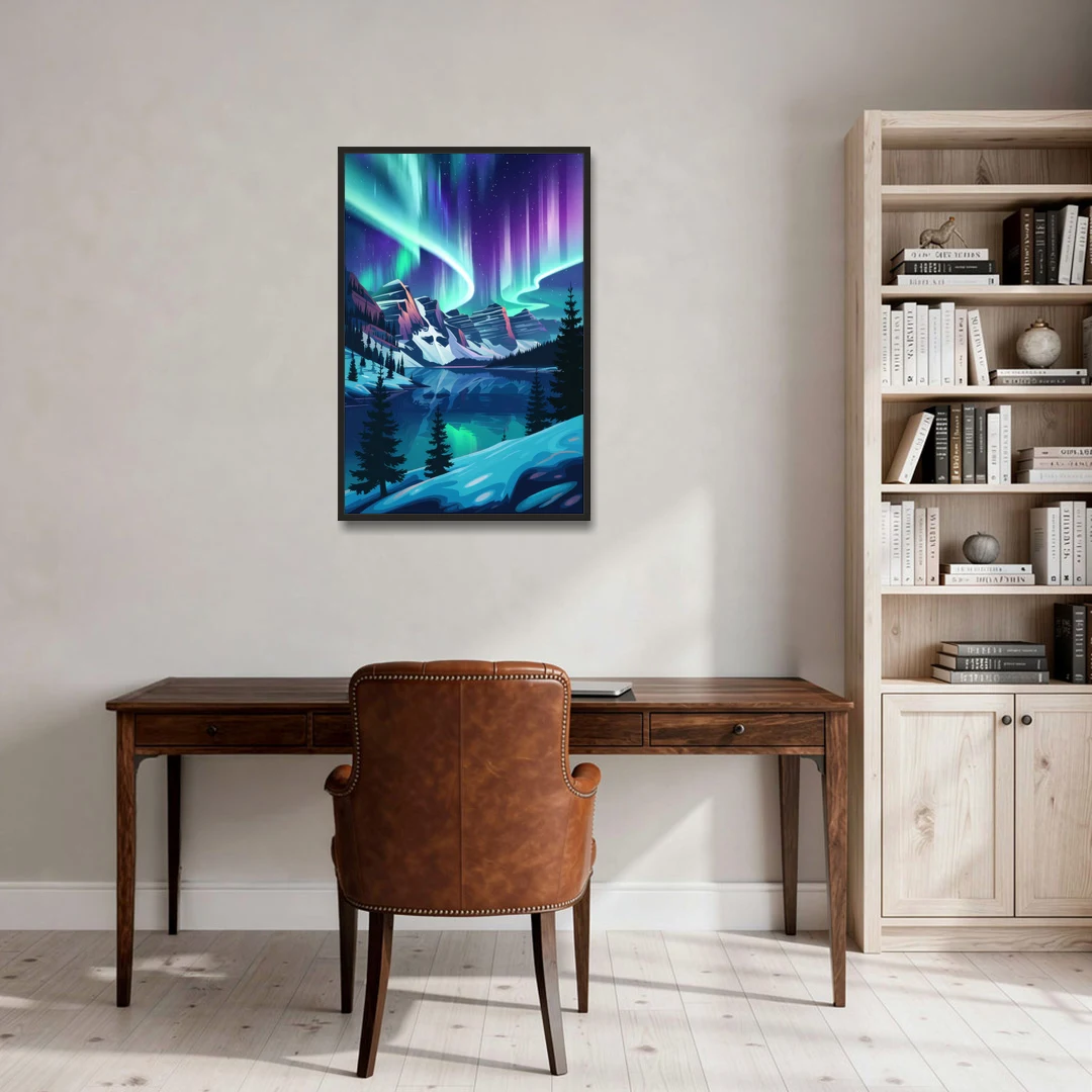 Aurora Night Horizon - Black Framed Canvas Wall Art - Office - 24x36