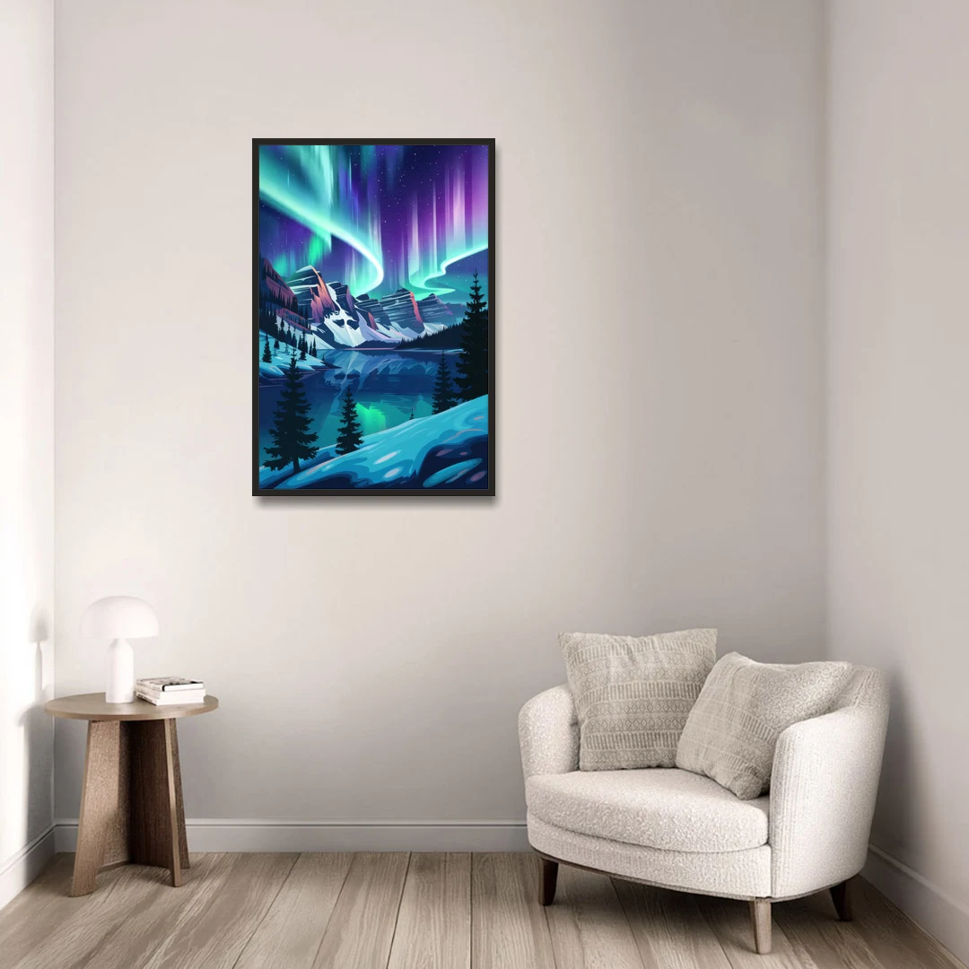 Aurora Night Horizon - Black Framed Canvas Wall Art - Sofa - 24x36