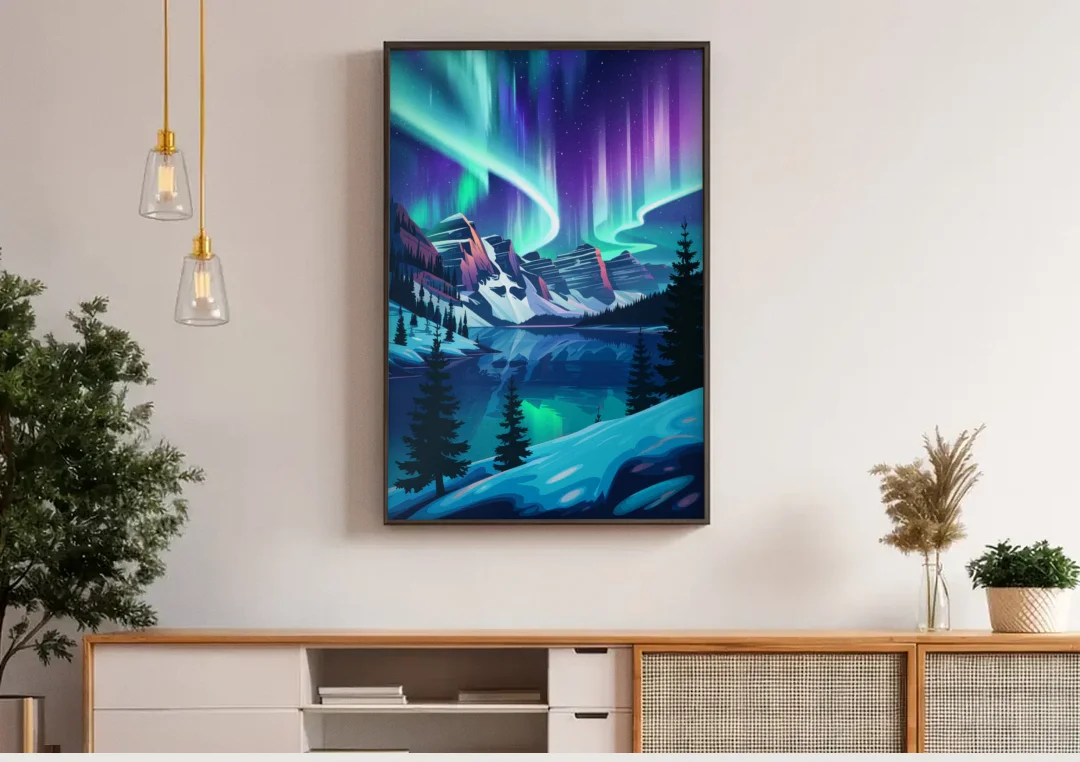 Aurora Night Horizon canvas wall art above a wooden sideboard under pendant lights