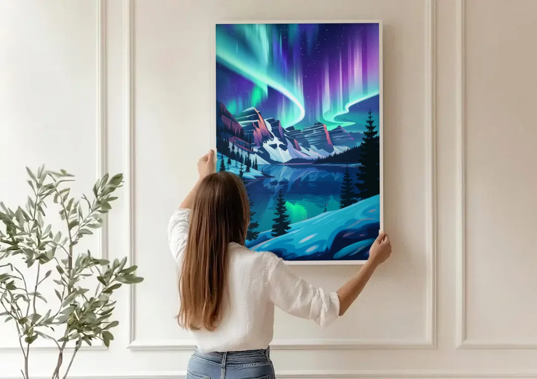 Aurora Night Horizon canvas wall art being hung on a paneled wall