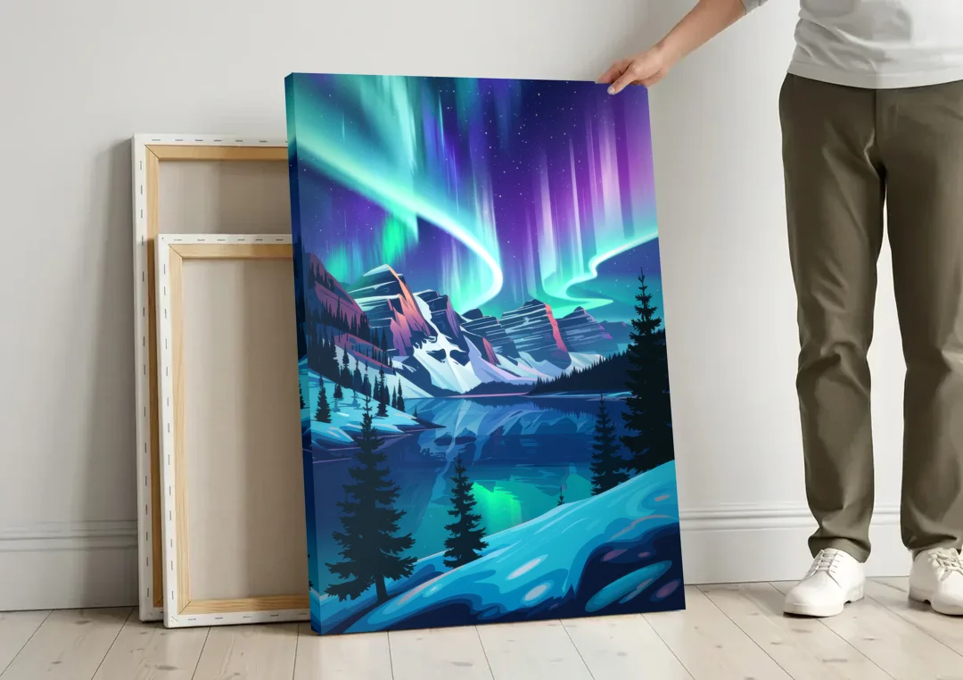 Aurora Night Horizon canvas wall art leaning against a wall next to blank canvases