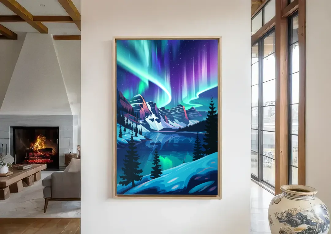 Aurora Night Horizon canvas wall art in a living room with a fireplace