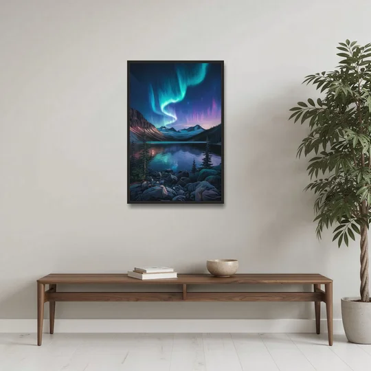 Aurora Northern Lights - Black Framed Canvas Wall Art - Coffee Table - 24x36