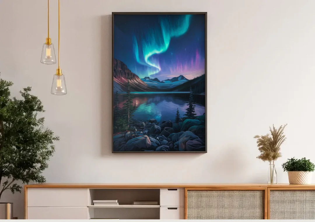 Aurora Northern Lights canvas wall art above a wooden sideboard under pendant lights