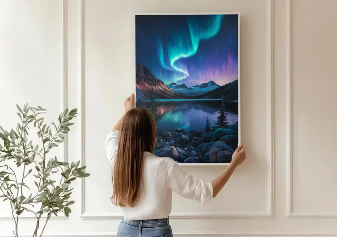 Aurora Northern Lights canvas wall art being hung on a paneled wall