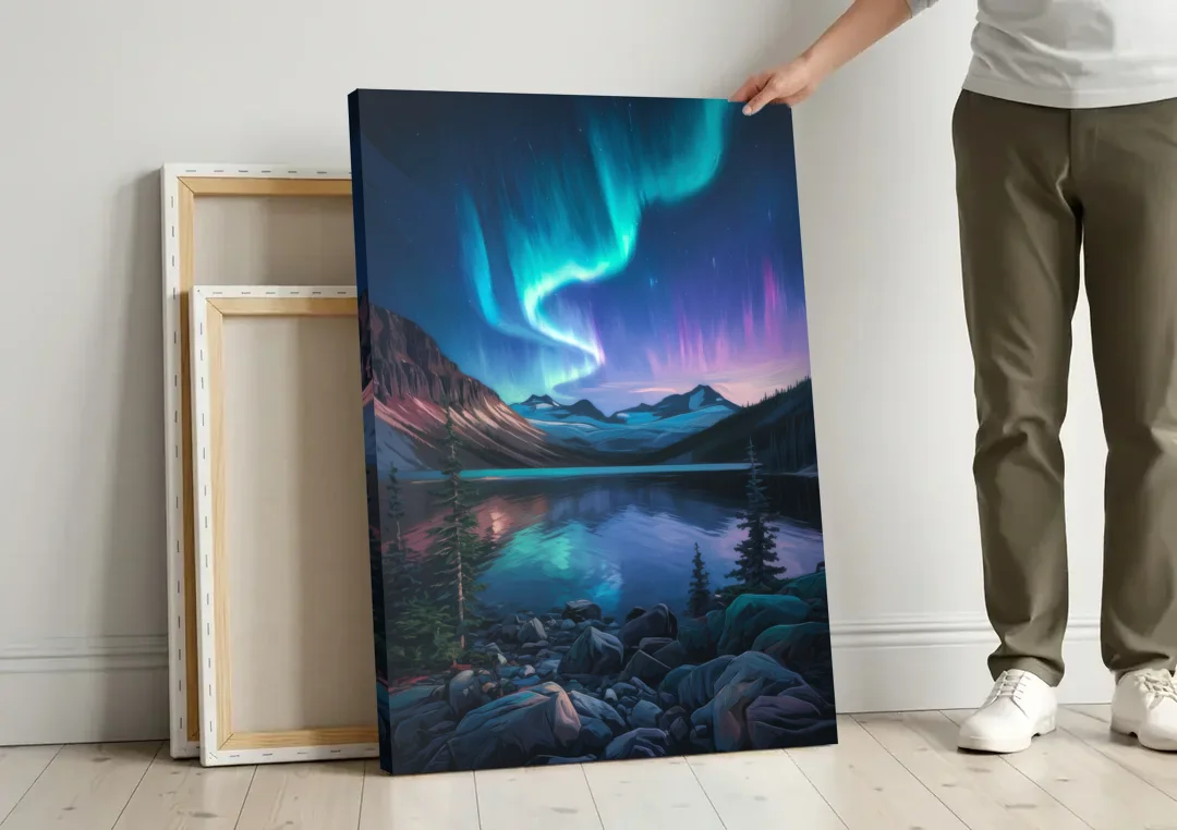 Aurora Northern Lights canvas wall art leaning against a wall next to blank canvases