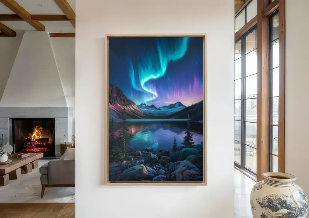 Aurora Northern Lights canvas wall art in a living room with a fireplace