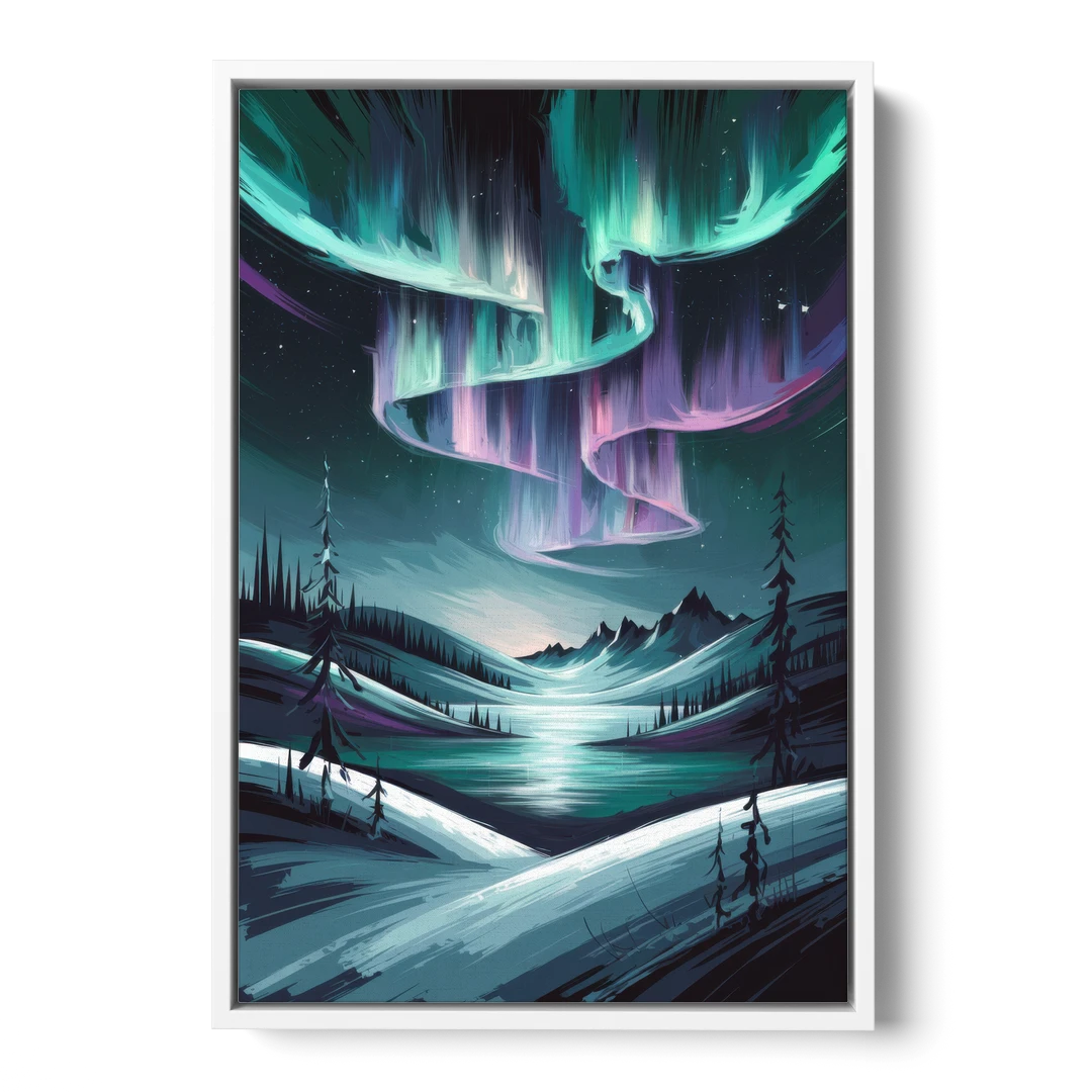 Aurora Skyline Glow - White Framed Canvas Wall Art - Front