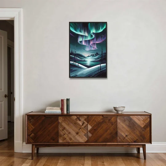 Aurora Skyline Glow - Black Framed Canvas Wall Art - Coffee Table - 24x36