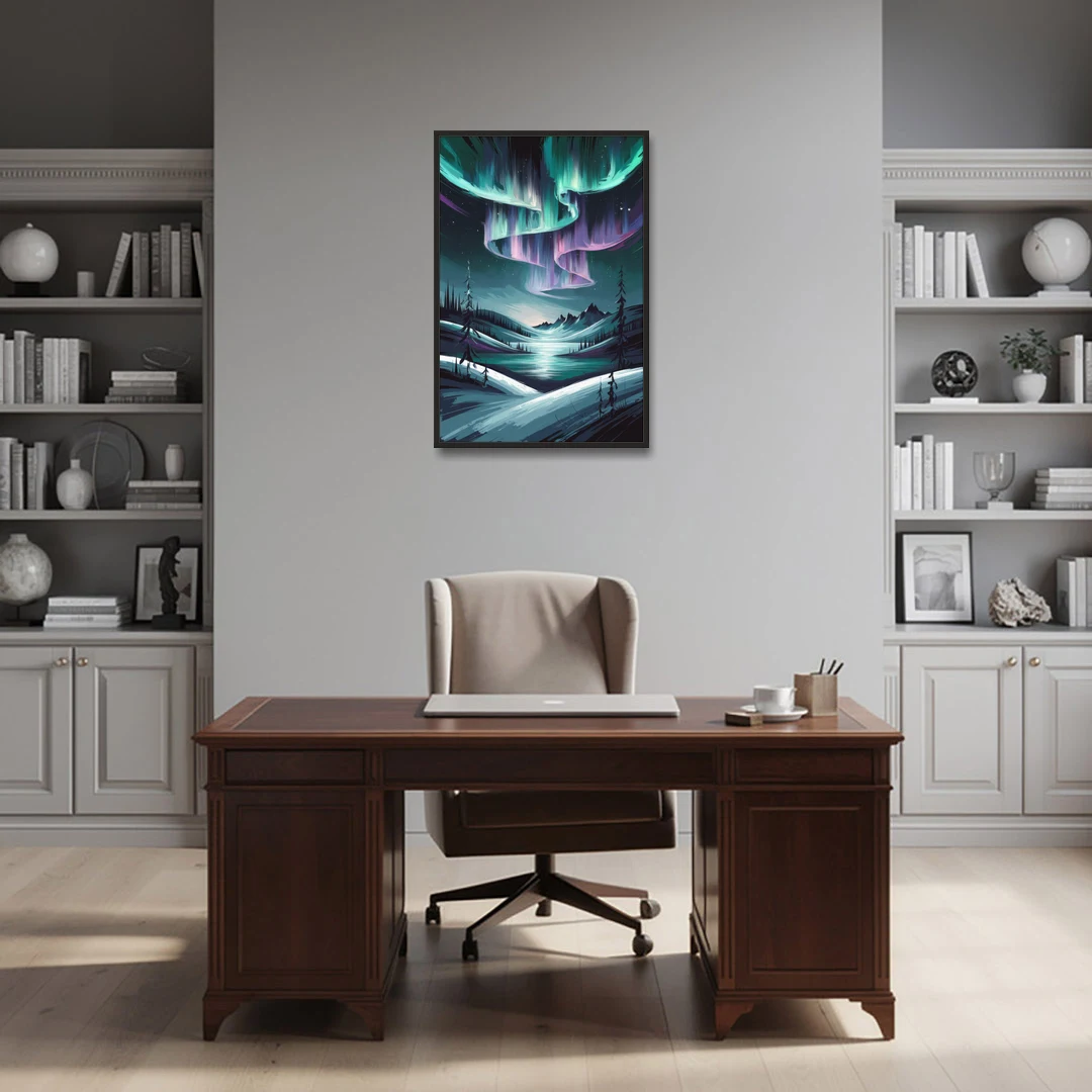 Aurora Skyline Glow - Black Framed Canvas Wall Art - Office - 24x36