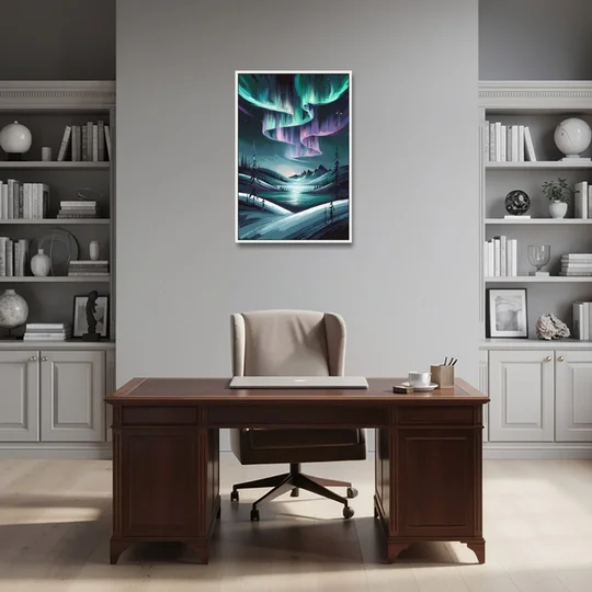 Aurora Skyline Glow - White Framed Canvas Wall Art - Office - 24x36