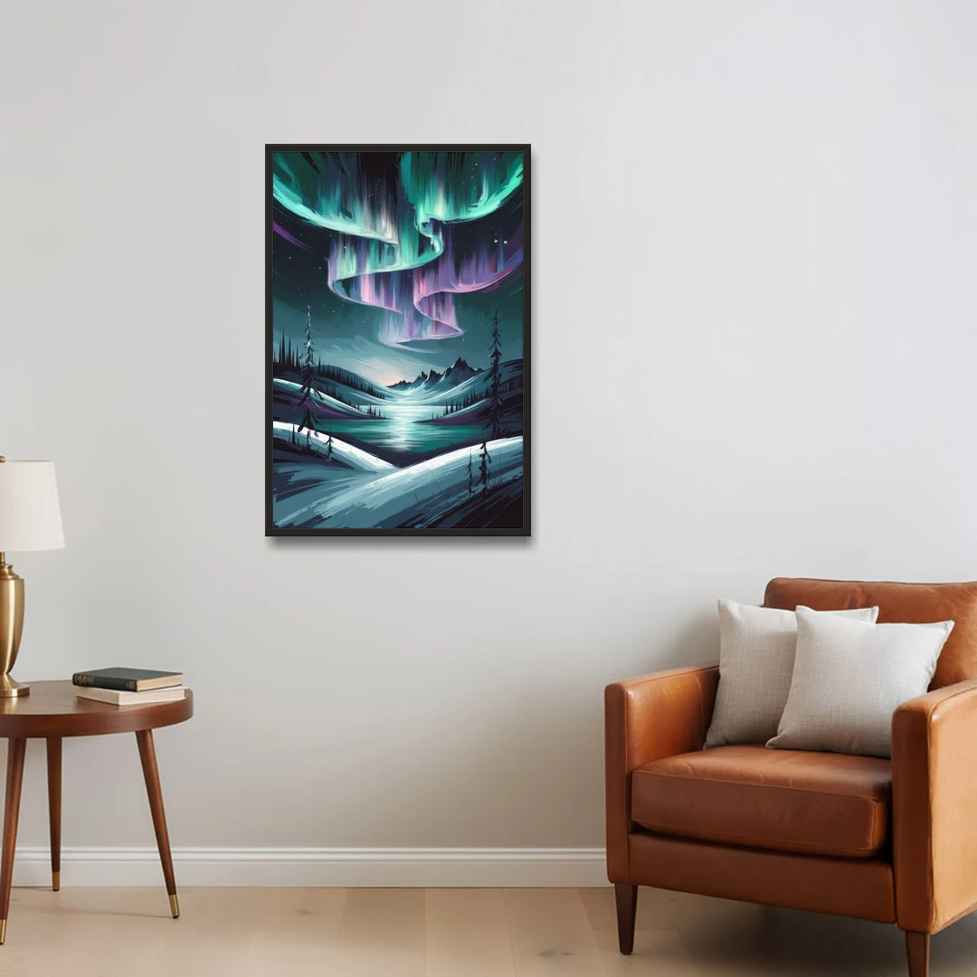 Aurora Skyline Glow - Black Framed Canvas Wall Art - Sofa - 24x36