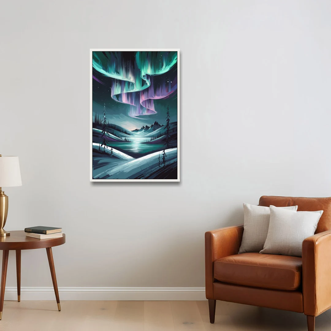 Aurora Skyline Glow - White Framed Canvas Wall Art - Sofa - 24x36