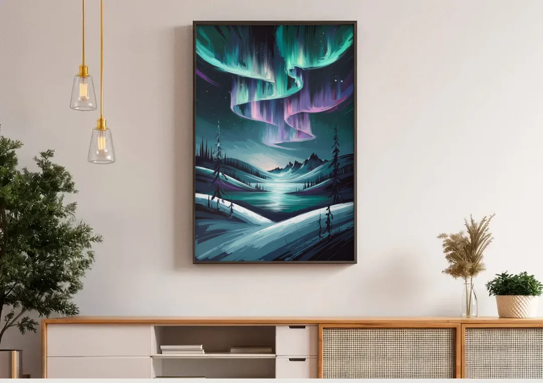 Aurora Skyline Glow canvas wall art above a wooden sideboard under pendant lights